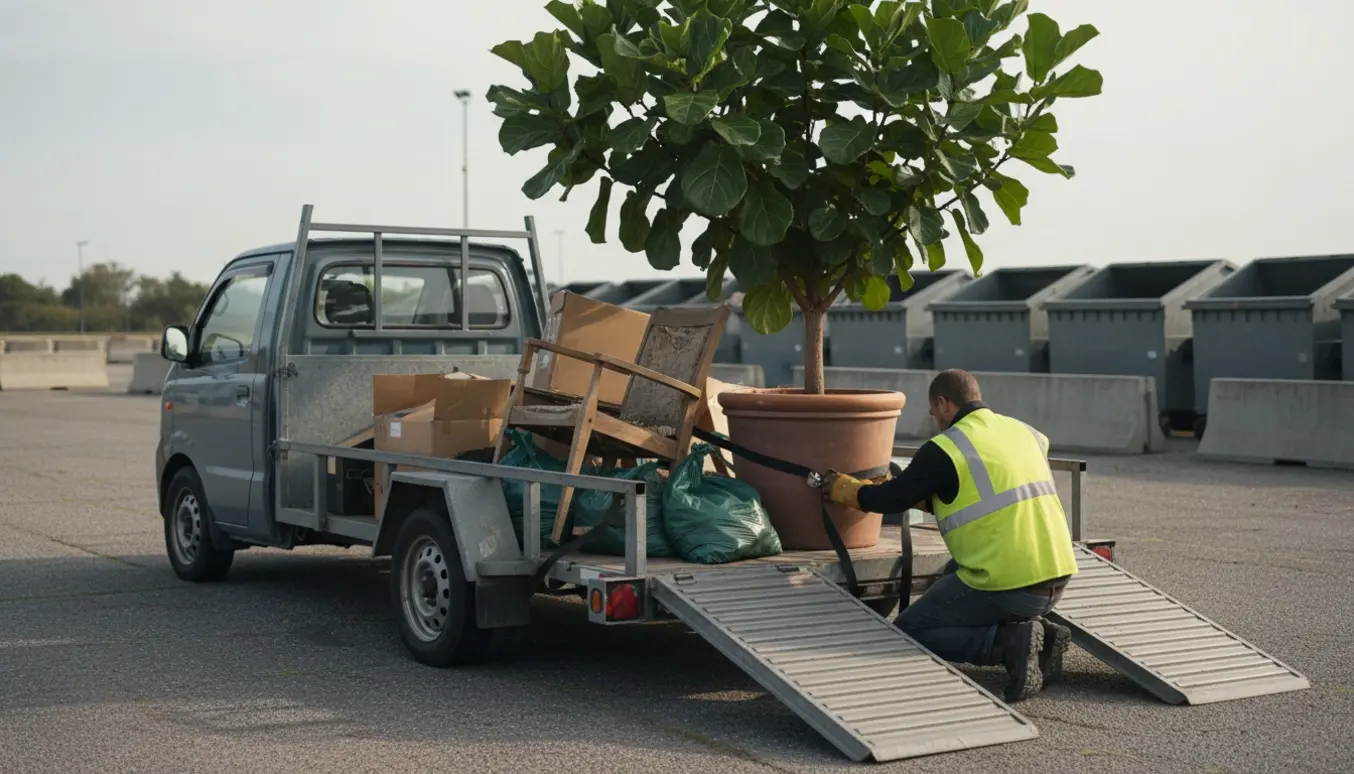 Trailer med en stor plante og forskellige effekter ved en losseplads, en person set bagfra sikrer læsset.
