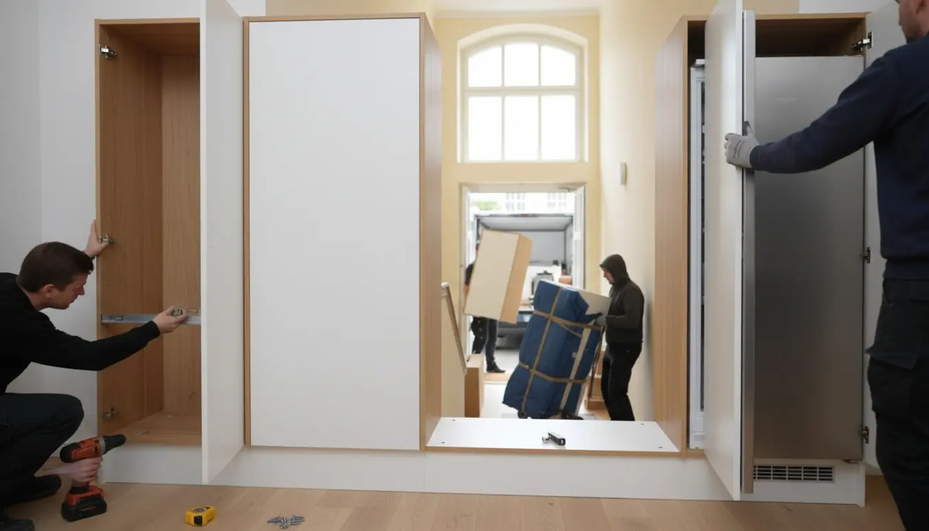 Møbelbærere monterer to høje køkkenskabe og fører et indbygningskøleskab ind på en lejlighedstrappe.