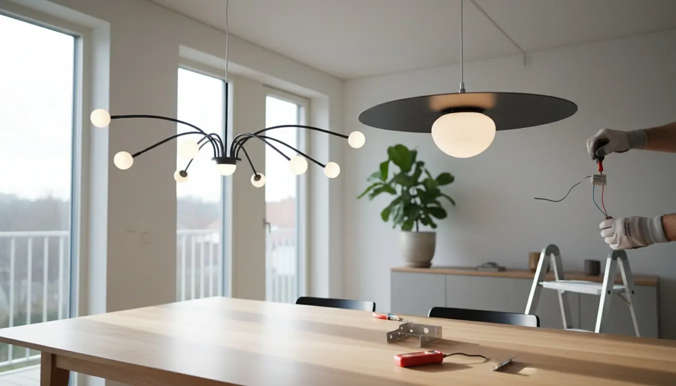 To moderne pendellamper hænges op over et spisebord, mens en montør tilslutter ledninger.