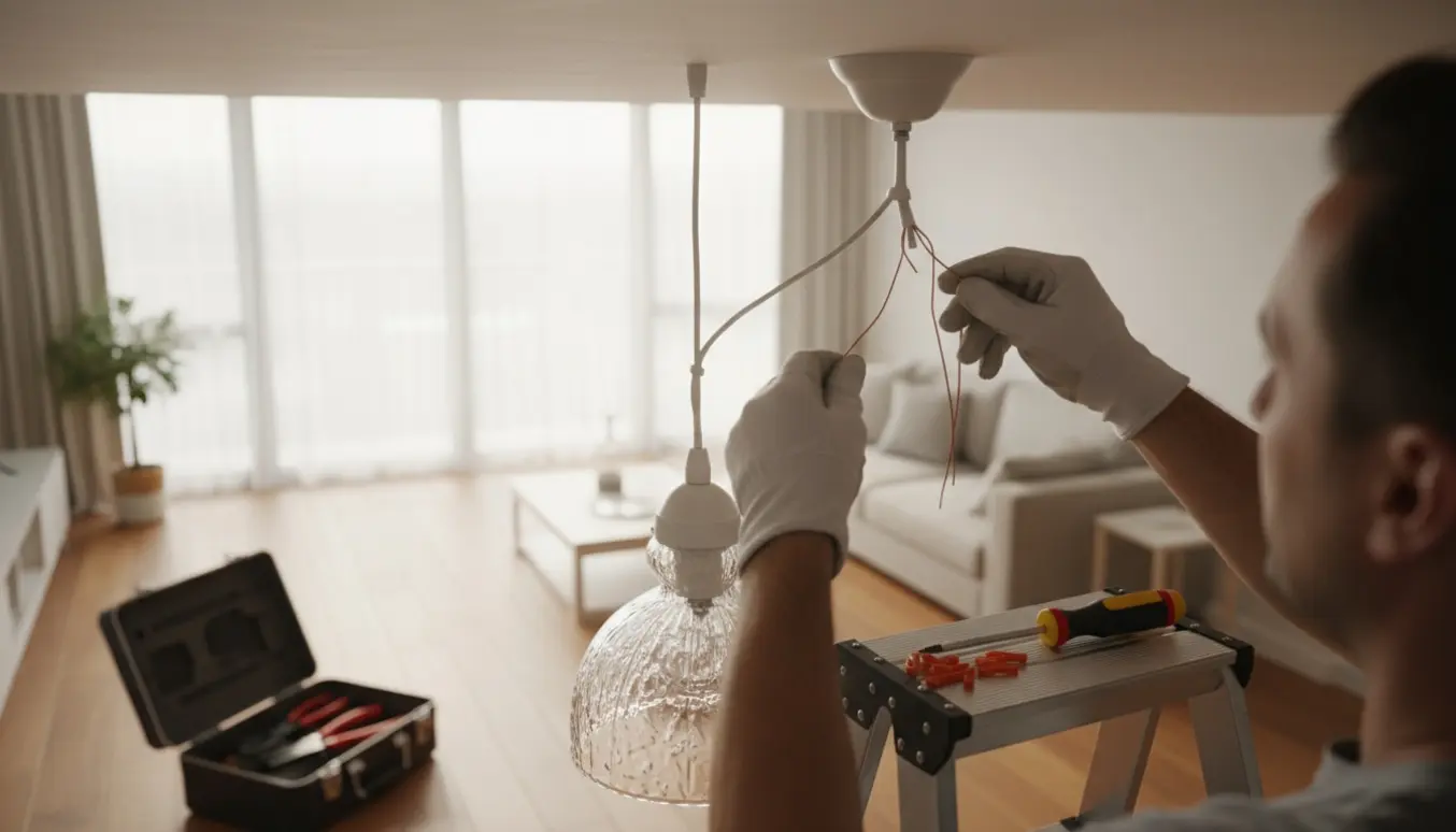 Hænder i isolerede handsker monterer en loftlampe på en stige i en lys stue.