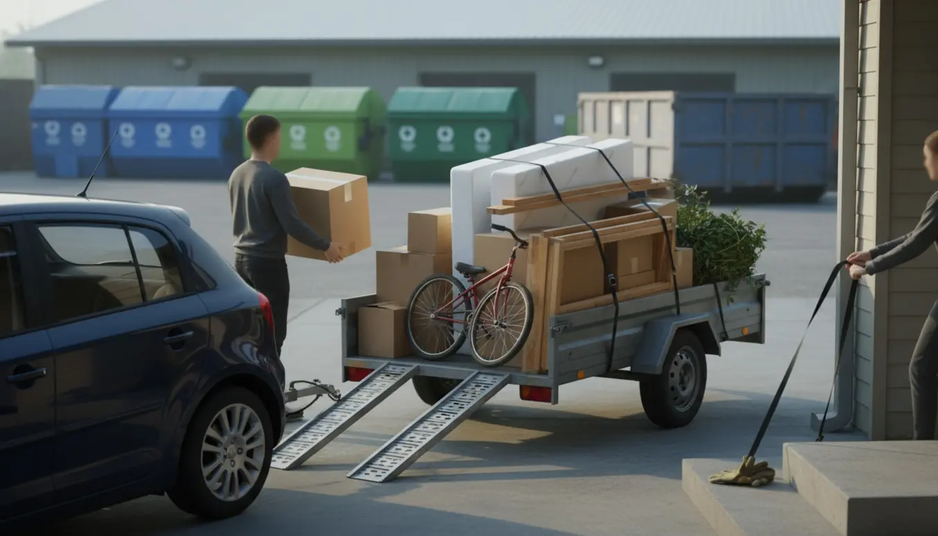 Trailer fyldt med genbrugsting på indkørsel, mens personer læsser og sikrer lasten.