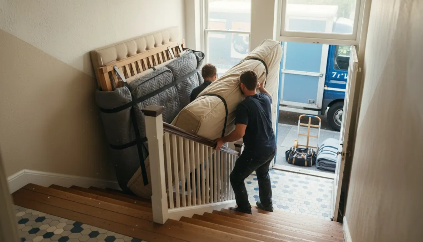 Flyttefolk bærer en nedpakket seng ned ad trappen fra anden sal mod en varevogn.