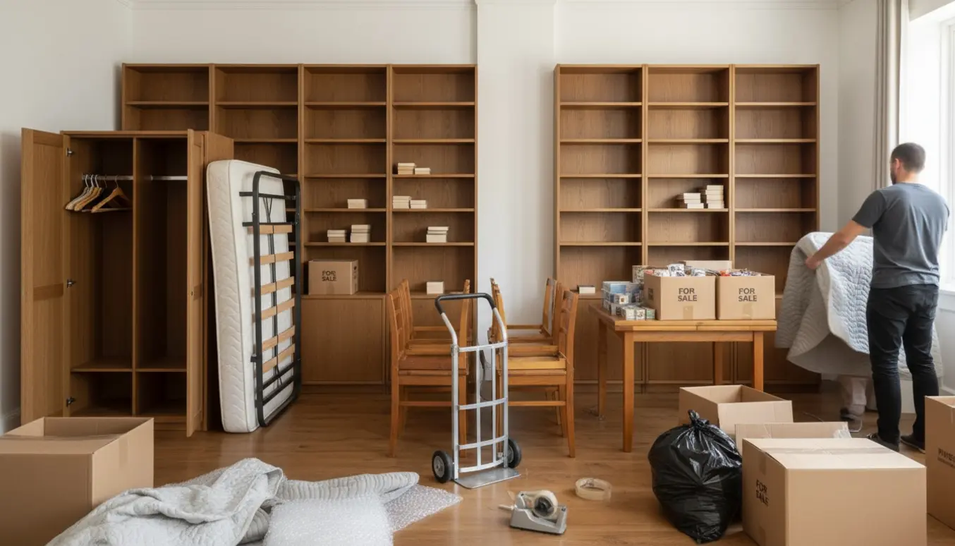 Lys lejlighed med møbler, kasser og flytteudstyr under rydning af dødsbo.