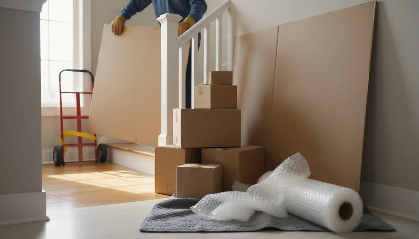 Store papkasser, bobleplast og en tralle på en førstesals repos klar til afhentning.