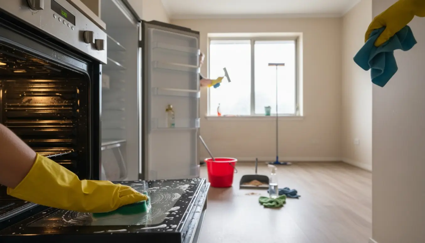 Hænder i gummihandsker rengør ovn og vindue i en fraflyttet lejlighed med spand og rengøringsmidler.