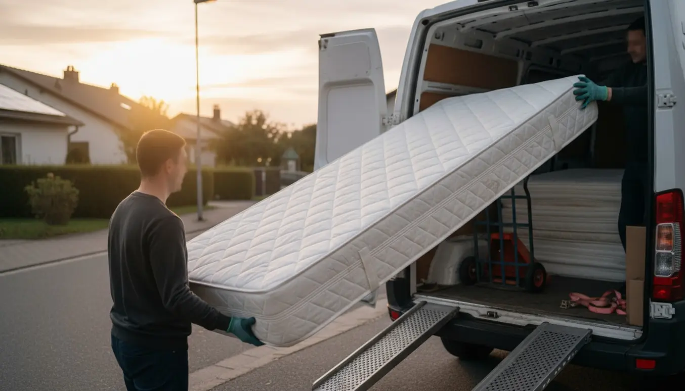 Madras og topmadras læsses ind i en varebil i aftenslys, med to personer set uden ansigter.