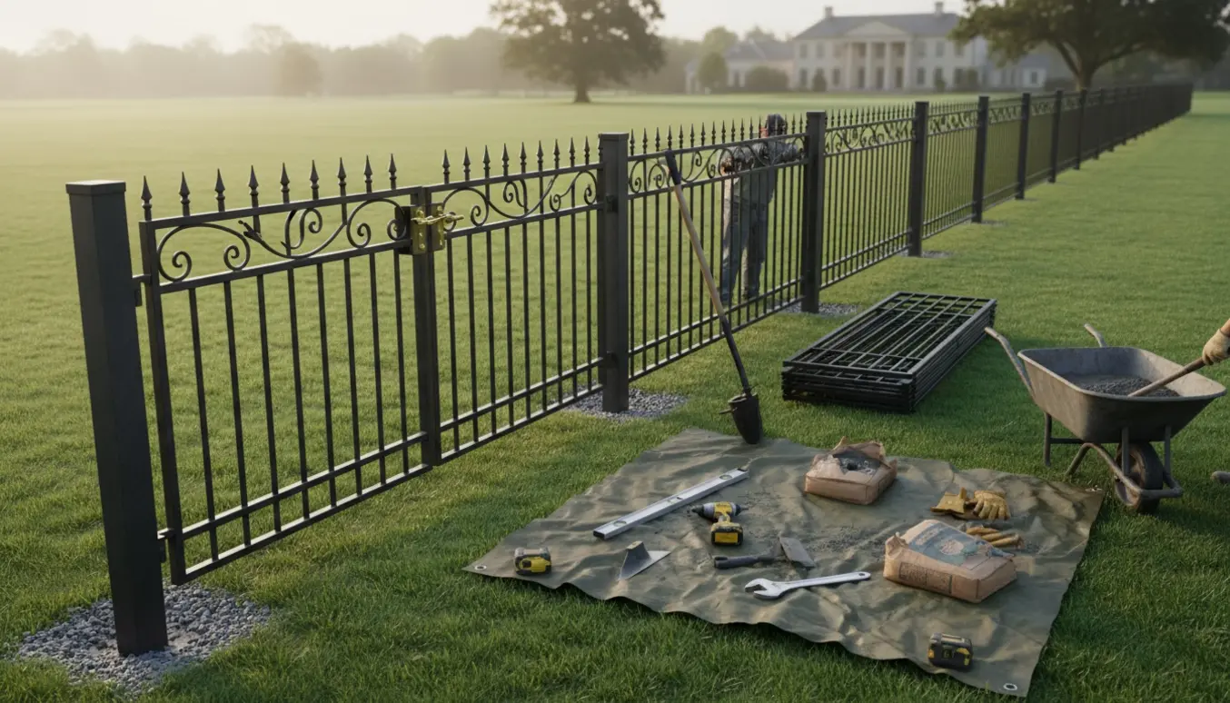 Delvist opsat jernhegn med åben port ved en stor, jævn græsplæne og værktøj klar til montering.