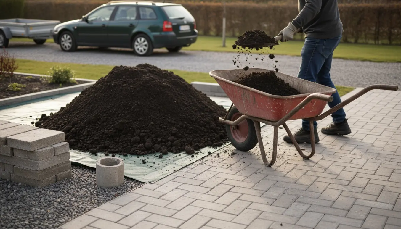 Person læsser jord og en lille stak fliser i trillebør ved terrassen med bil og trailer i baggrunden.