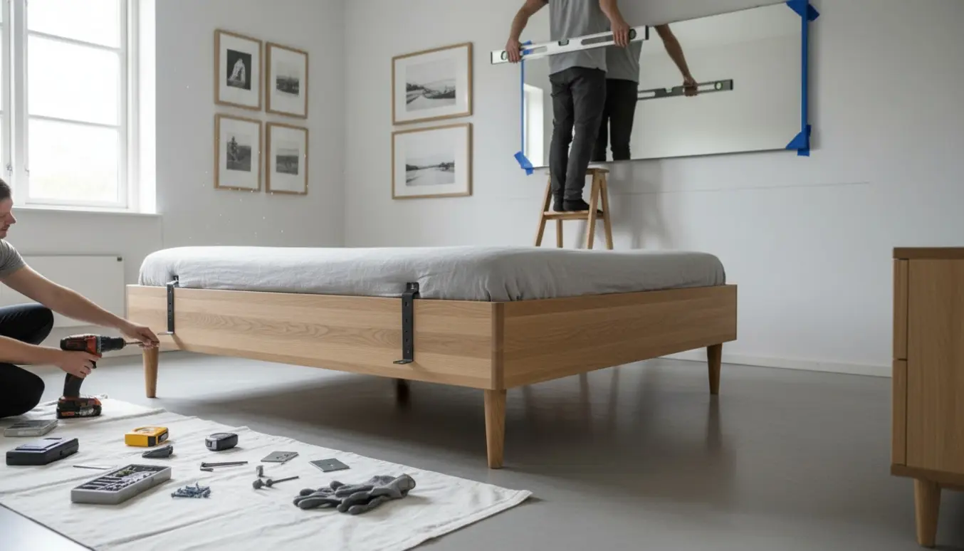 Lyst soveværelse med en boxseng, beslag og ben under montering, et stort Montana-spejl klar til ophængning og fem billeder på væggen.