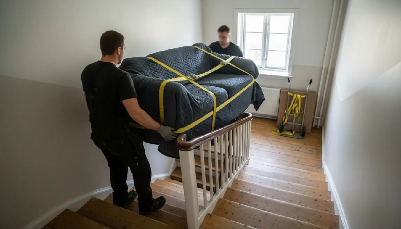 To bærere flytter en stor sofa op ad en smal trappe i en lejlighed i Vanløse, pakket ind i flyttetæpper og stropper.