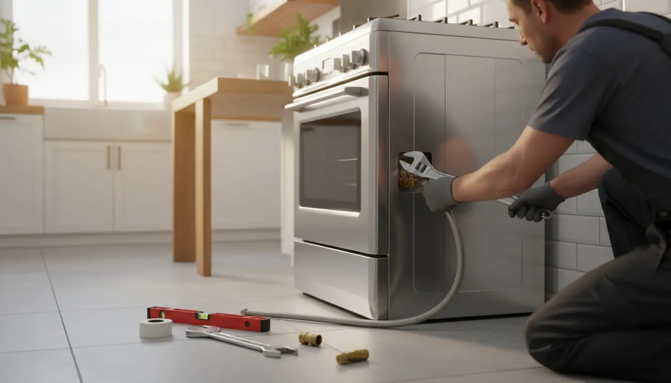 Tekniker monterer et fritstående gaskomfur i et lyst køkken, mens hænder strammer gastilslutningen.