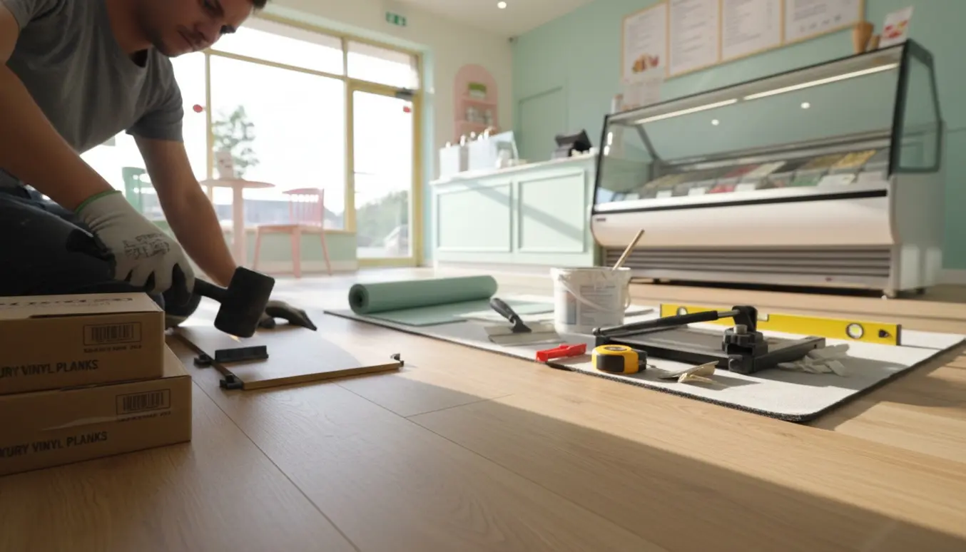 Håndværker lægger lyst, skridsikkert vinylgulv i en isbutik med værktøj og disk i baggrunden.