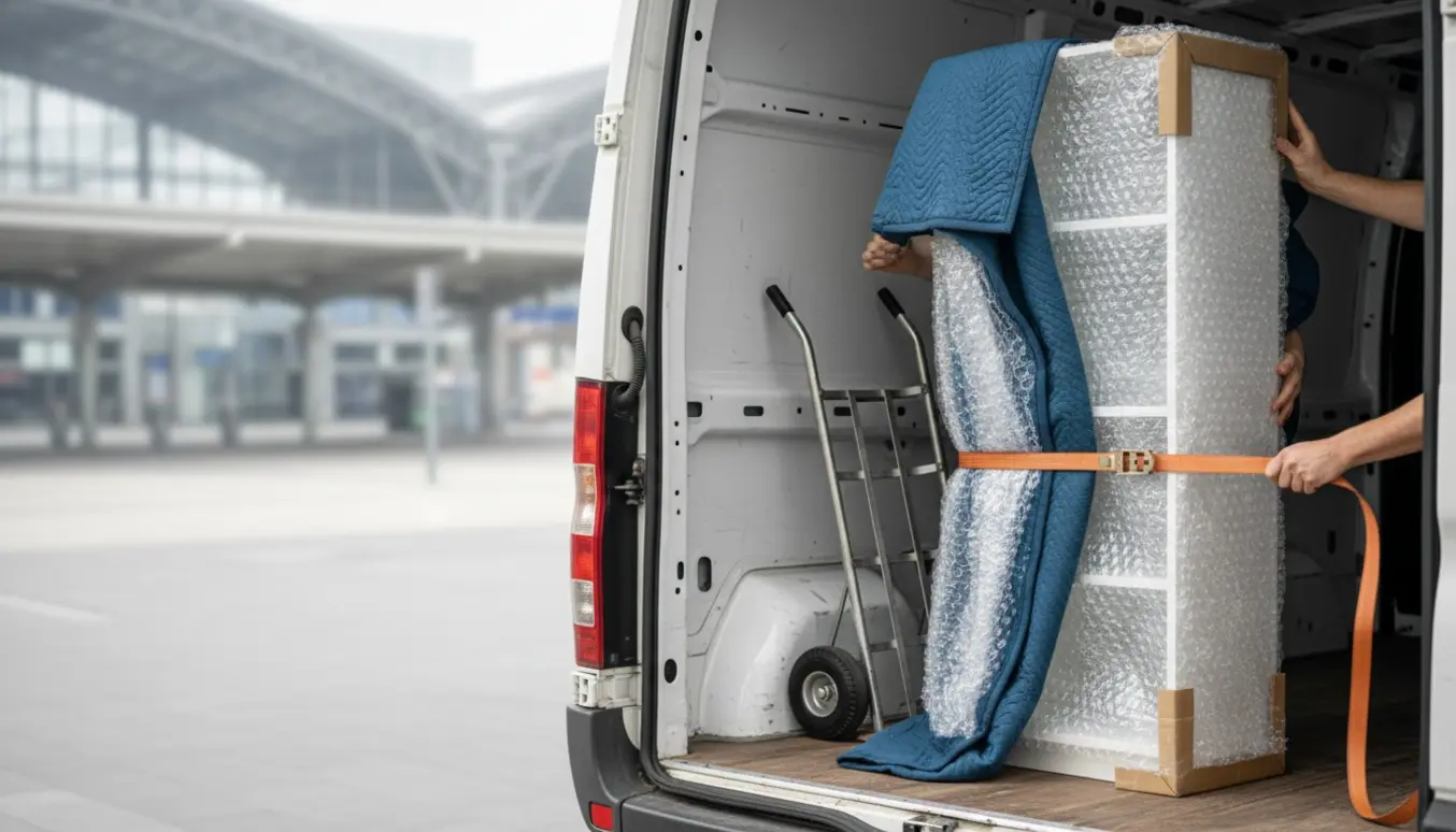 Høj smal hvid reol indpakket i flyttetæpper og sikret i en åben varevogn klar til transport.