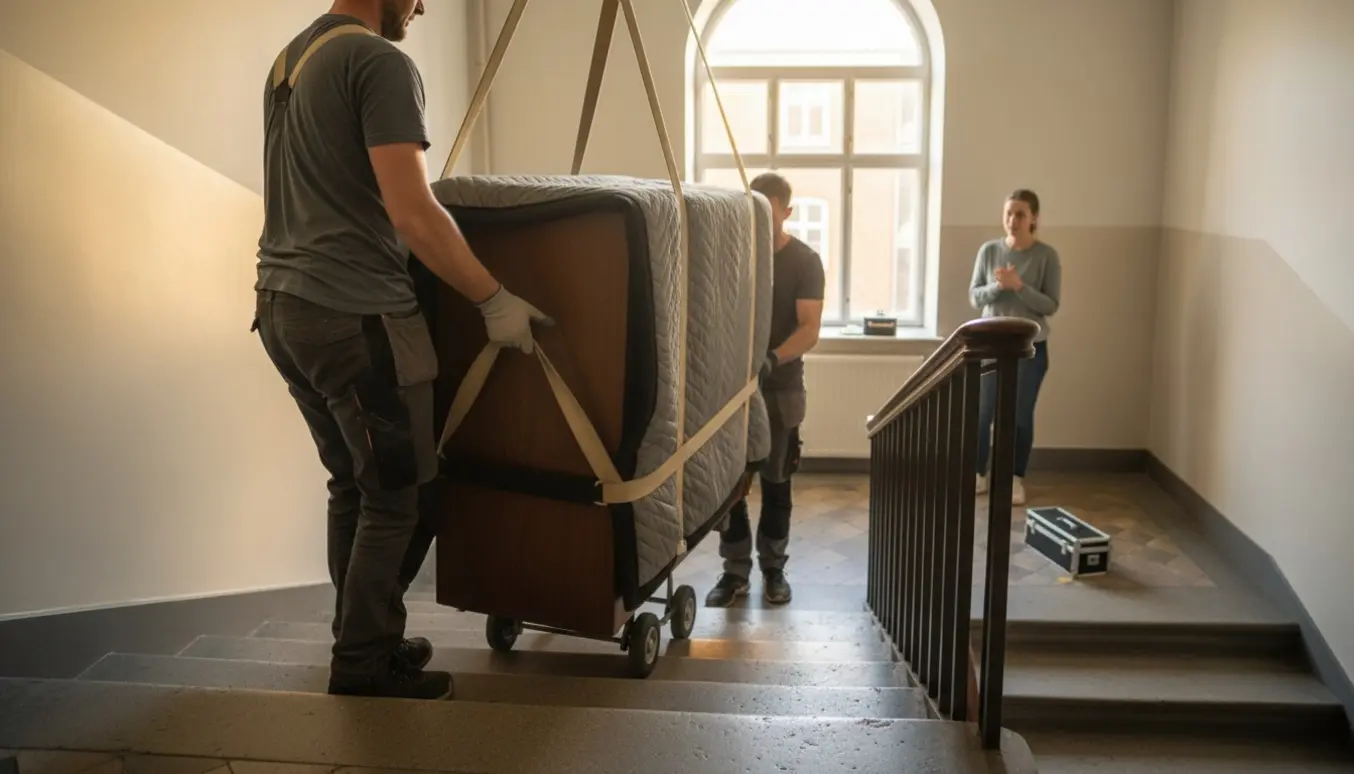 Et kompakt opretstående klaver bæres op ad en bred trappeopgang af to flyttemænd, pakket ind i tæpper og beskyttelse.