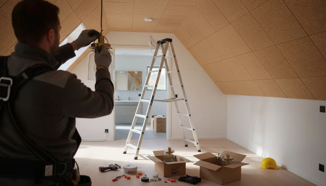 Installatør på stige monterer en pendel i en trappeopgang med troldtekt-loft og værktøj samlet på gulvet.
