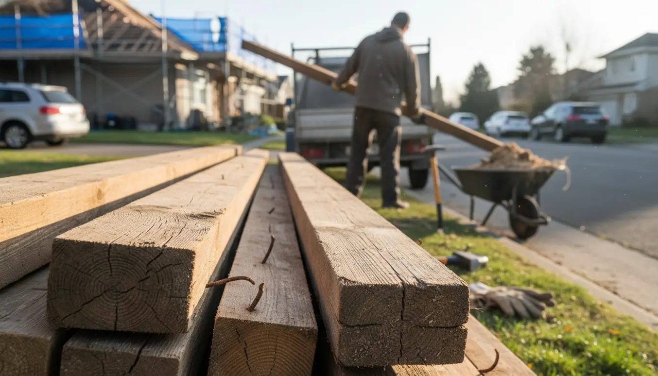 Bunke af spærtræ fra en tagnedrivning lagt ved vejkanten klar til afhentning.