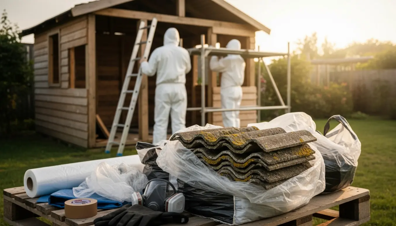 Et lille træskur med eternittag under kontrolleret nedrivning, omgivet af indpakkede tagplader og beskyttelsesudstyr.