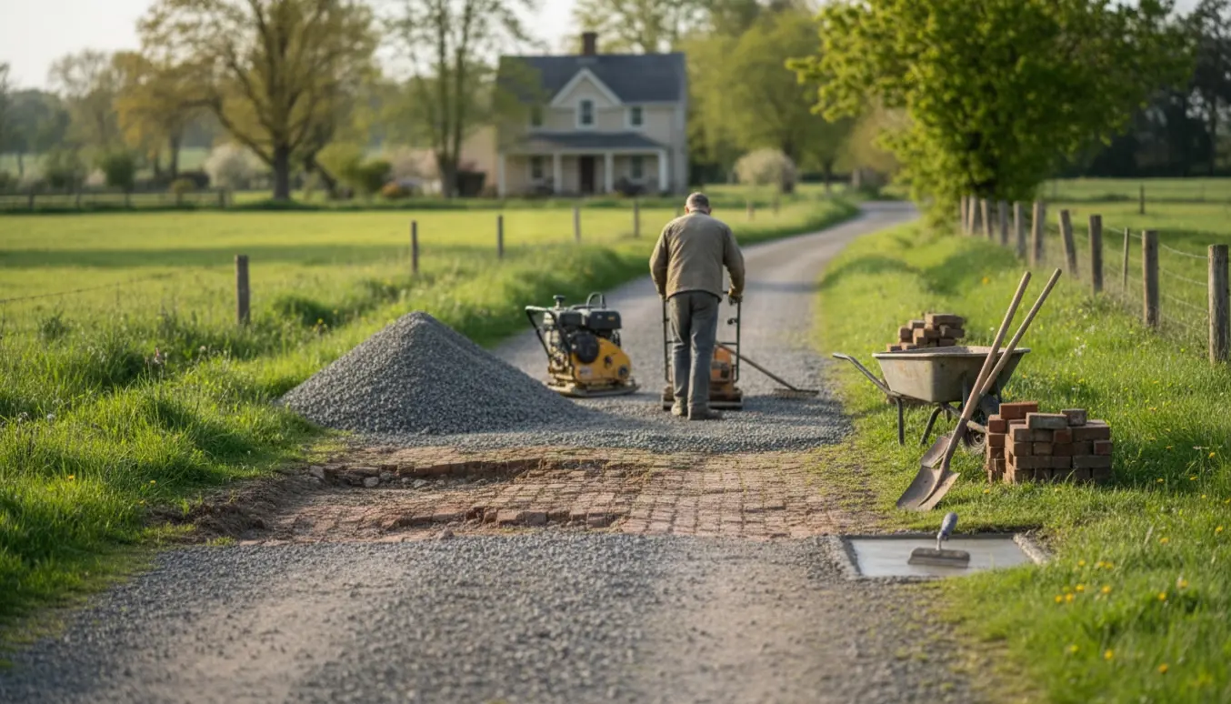 Grusvej til en gård under udbedring med stabilgrus, værktøj og maskine, set uden synlige ansigter.