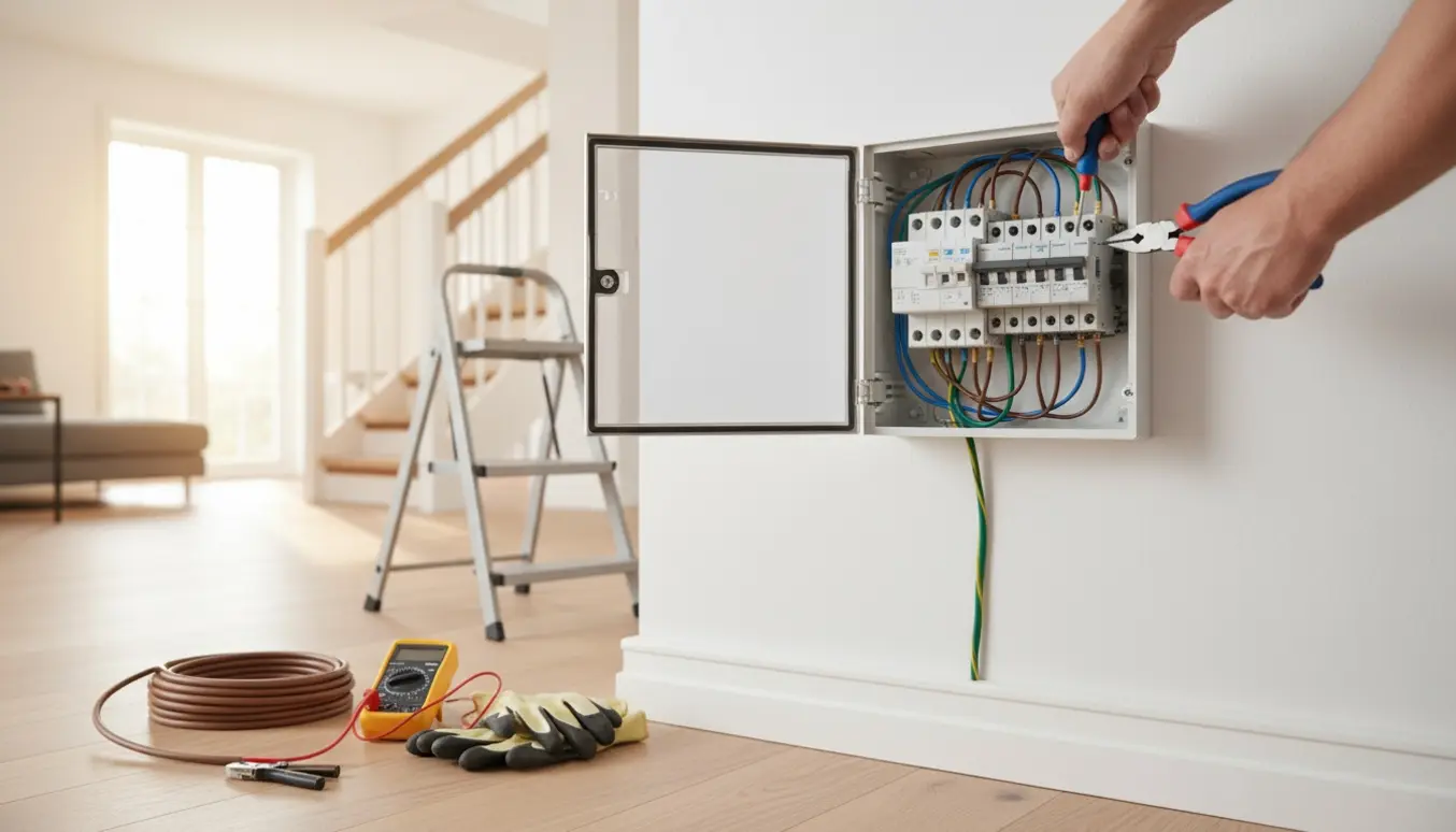 Elektriker skifter gammel sikringsboks til ny HFI med synligt kabeltræk langs en ny væg i et hjem.
