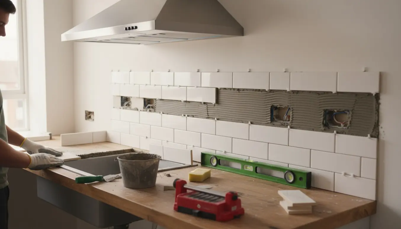 Opsætning af hvide metrofliser i køkkenet omkring emhætte og vask med værktøj og fliser klar i forgrunden.