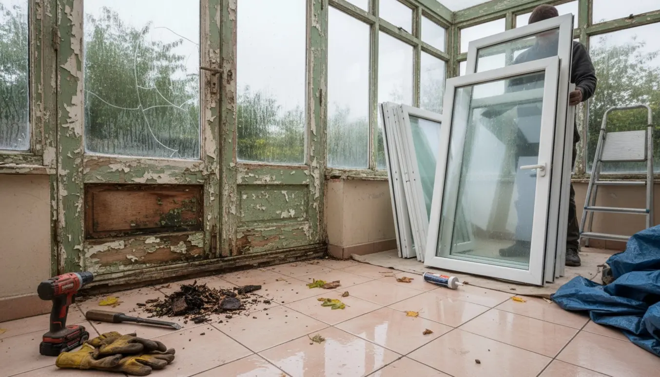 Råtne vinduesrammer i en havestue med vanddråber, værktøj og nye vinduesrammer klar til udskiftning.