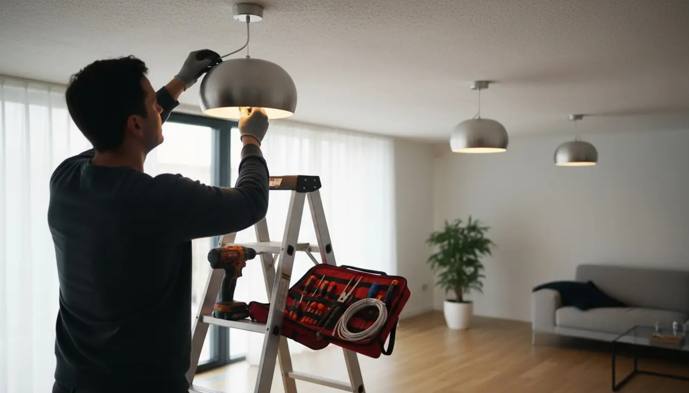 Installatør på en stige monterer en loftslampe i et lyst, moderne rum med værktøj på gulvet.