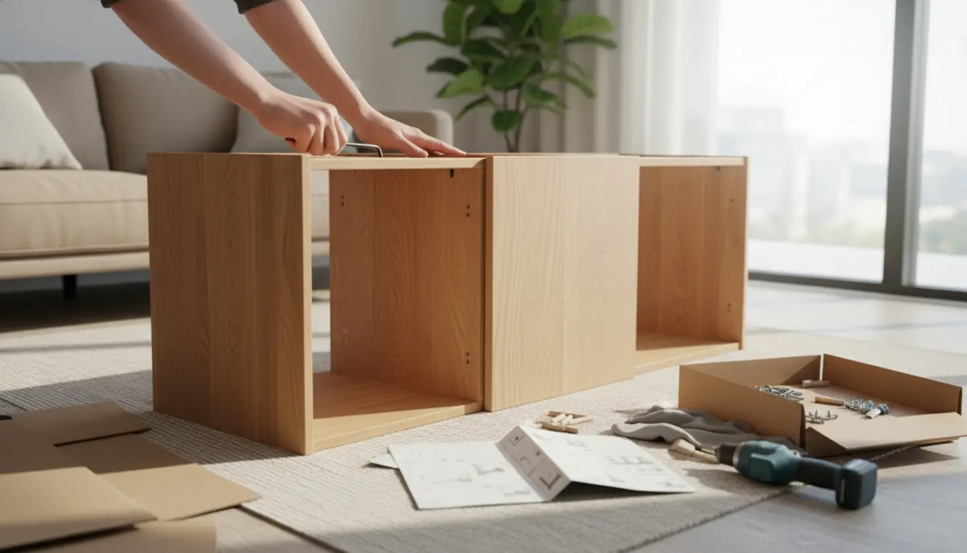 Nærbillede af en halvmonteret skænk i en lys stue med hænder, der bruger en unbrakonøgle.