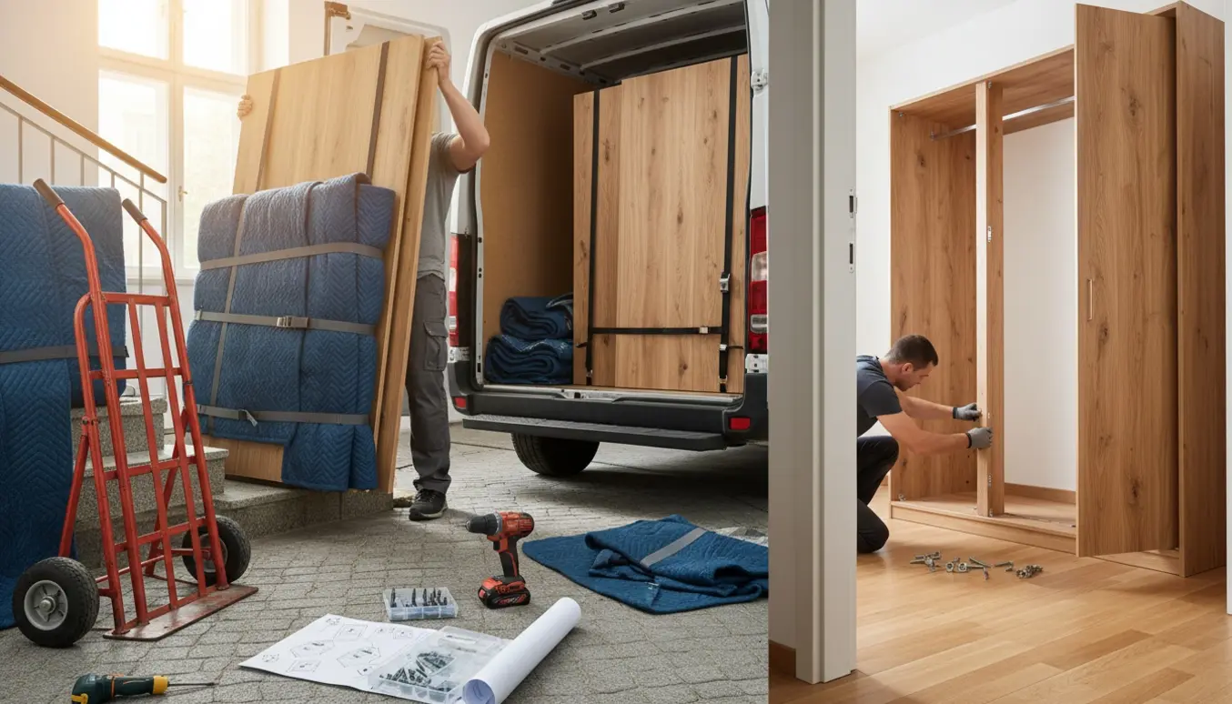 Skabsdele bæres ned ad trappe og læsses i en varevogn med værktøj og en delvist samlet reol i lejligheden.