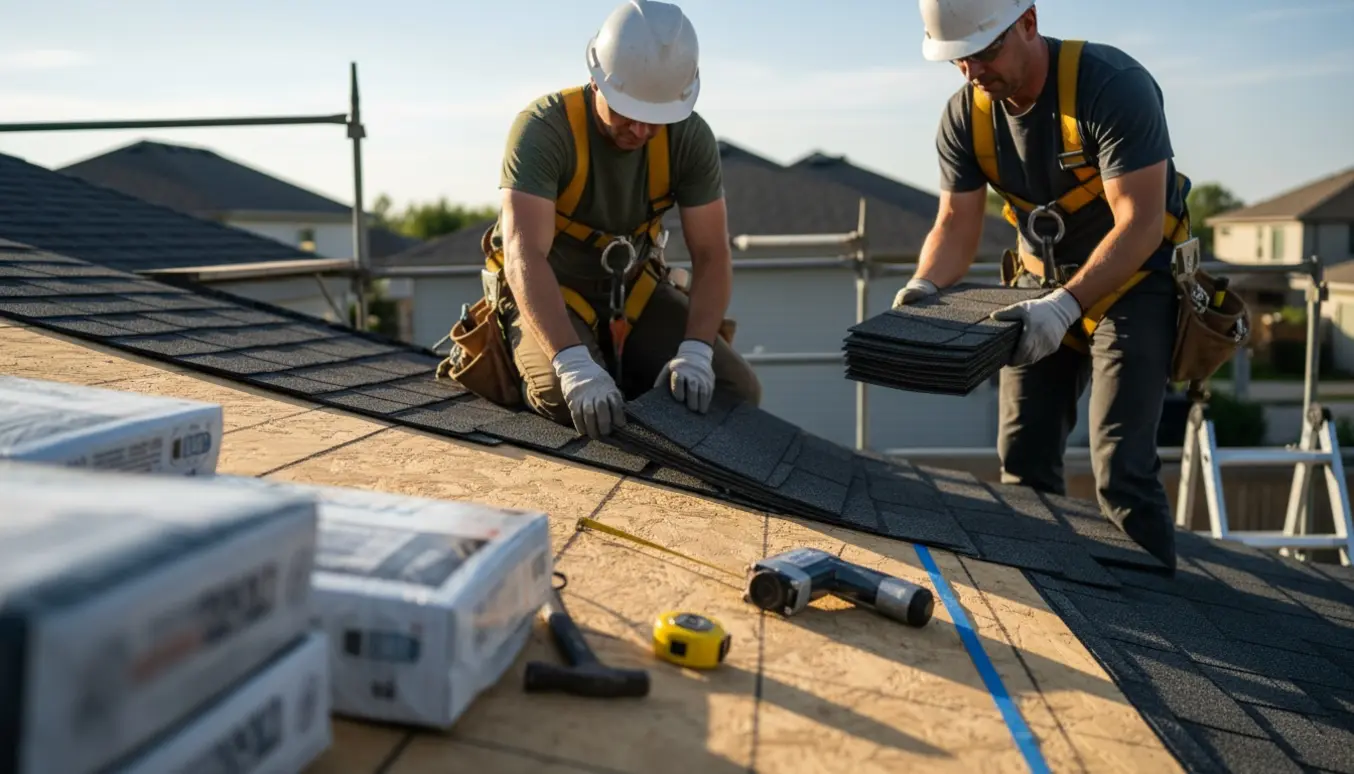 To tagarbejdere uden tydelige ansigter lægger tagsten på et hus i klart dagslys.
