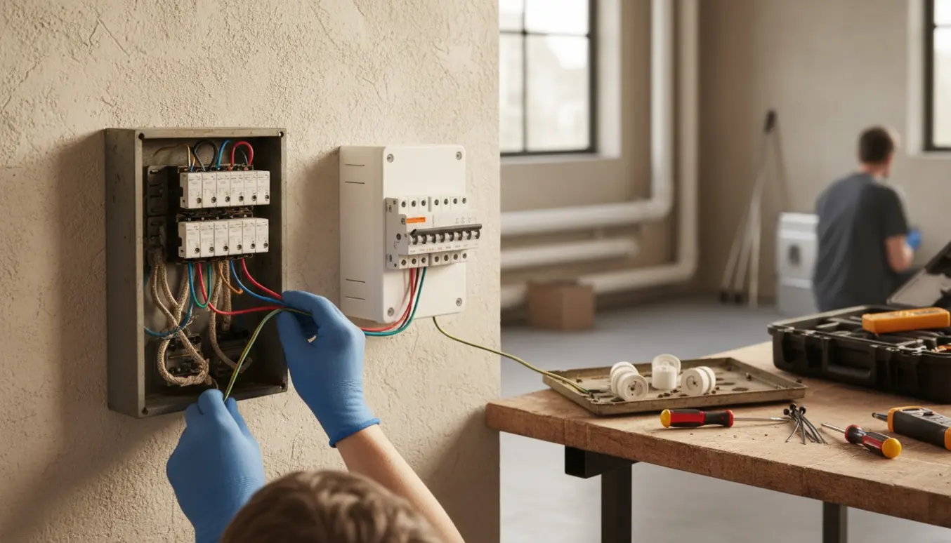 En elektriker udskifter en gammel eltavle med en moderne eltavle i et lyst teknikrum, kun hænder og værktøj er synlige.