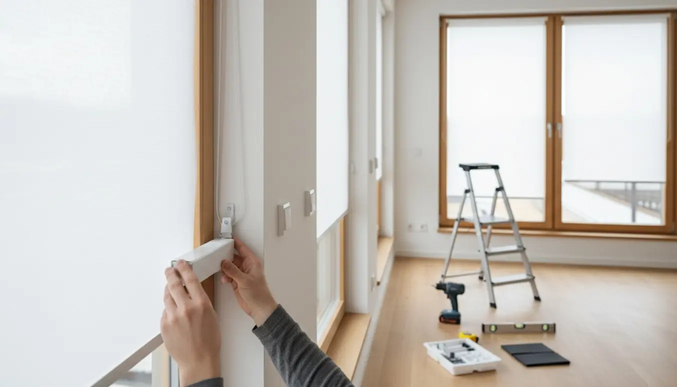 Fire rullegardiner monteres uden at bore i vinduesrammen, hænder klikker et beslag på plads i en lys stue.