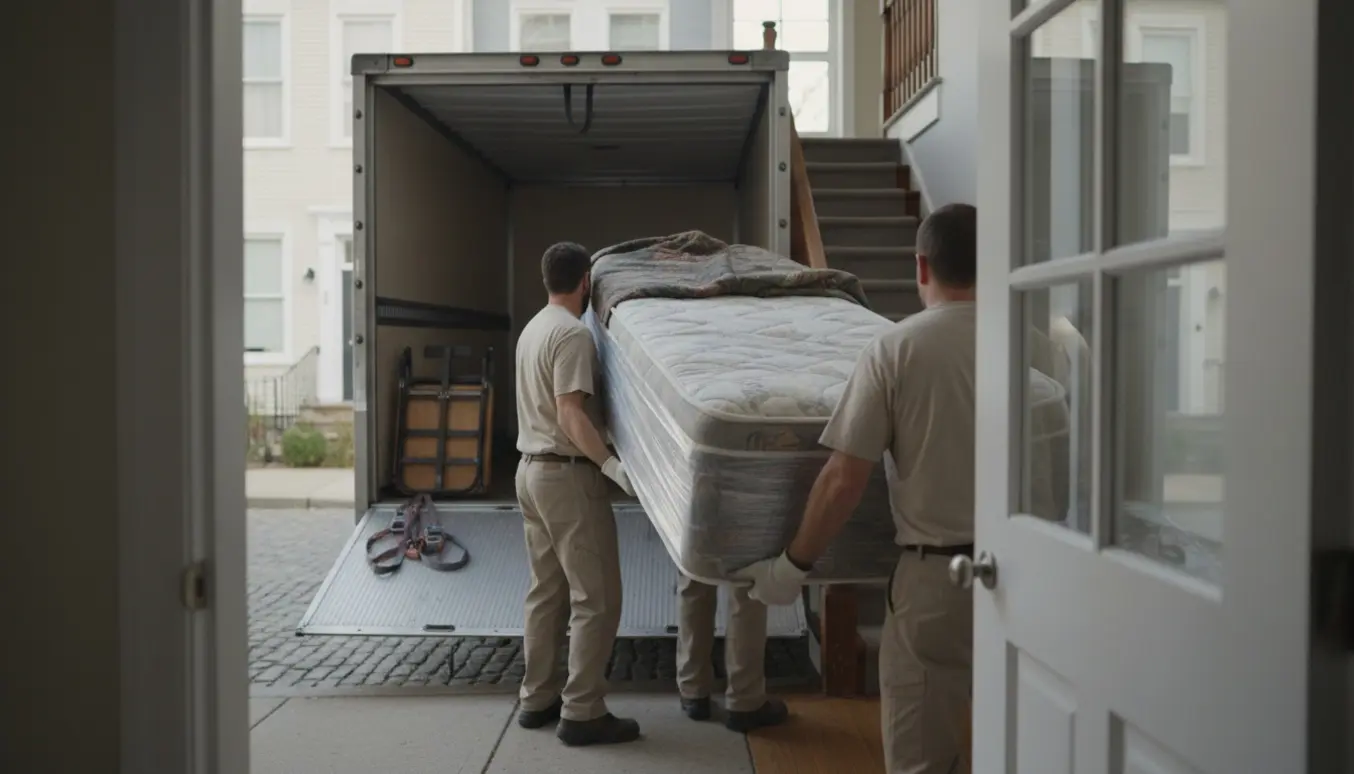 Flyttefolk bærer en smal seng fra en åben varevogn ind i en bolig og op ad trappen til 2. sal.