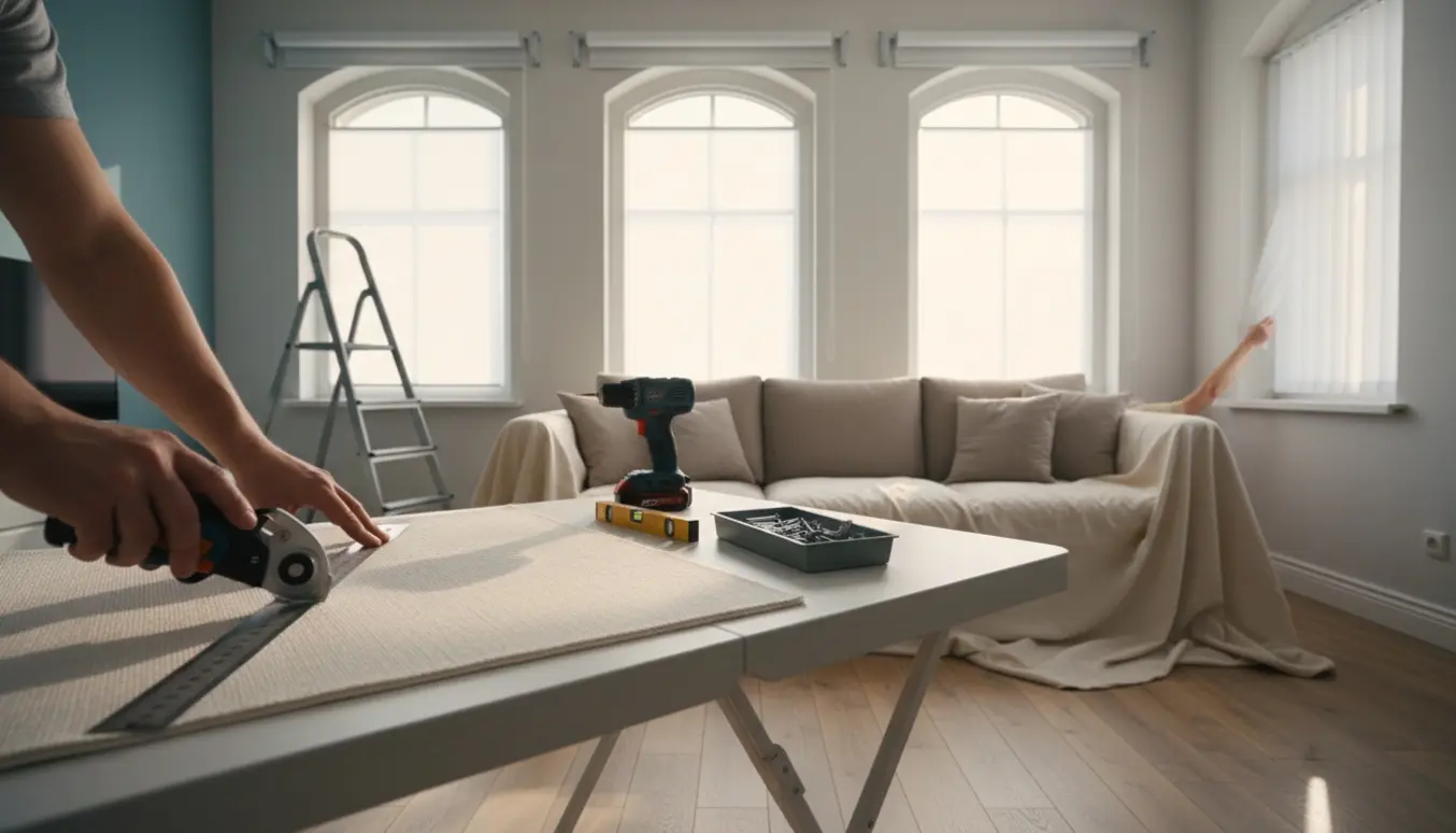 Nærbillede af opmåling og tilskæring af rulle- og lamelgardin i en lys stue.