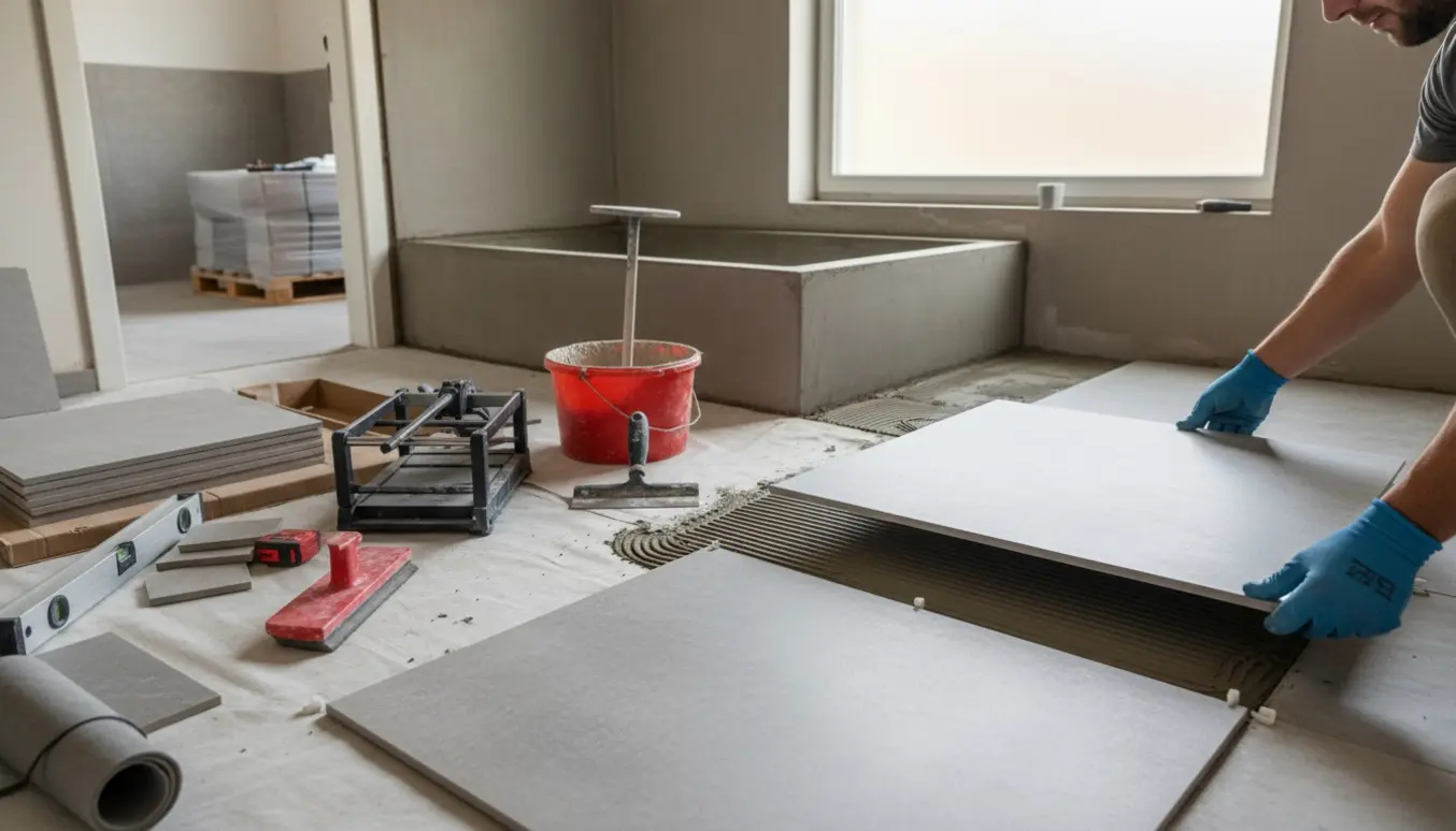 Nærbillede af fliselægning i et nybygget badeværelse med 60x60 fliser og nystøbt bruseareal.