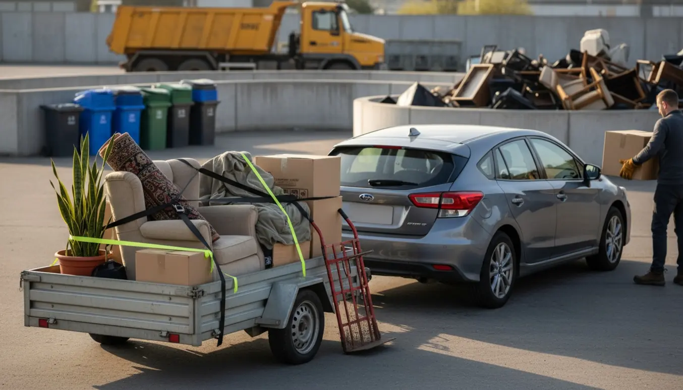 Bil med trailer læsset med flyttekasser ved en genbrugs-/lodseplads, en person læsser fra bagfra.