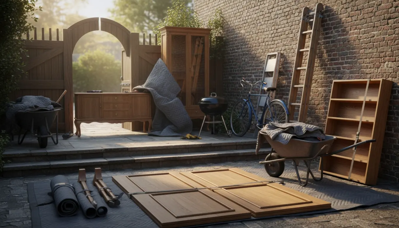 Flytning i gårdhave med pakket skab, adskilte bordplader, punkteret damescykel, rund grill og trillebør på lave fliser.