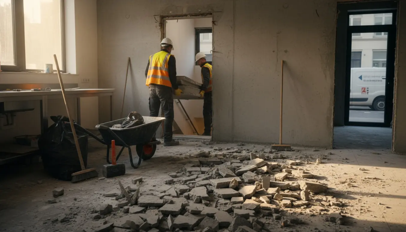 Nedrevet beton ligger på et køkkengulv, mens håndværkere bærer skår ned ad opgangen mod en varebil.