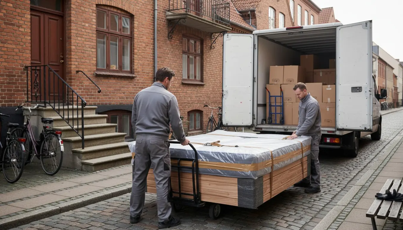 Dækket dobbeltseng på en transportvogn ved en åben flyttebil foran en Aalborg-ejendom, klar til at blive båret op til 1. sal.