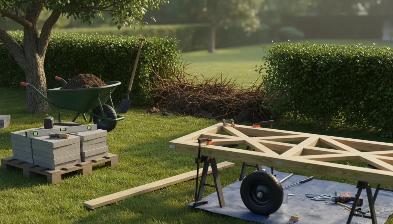 Have med delvist fjernet hæk, synlige rødder, stabler af fliser klar og en halvbygget trælåge med hjul.