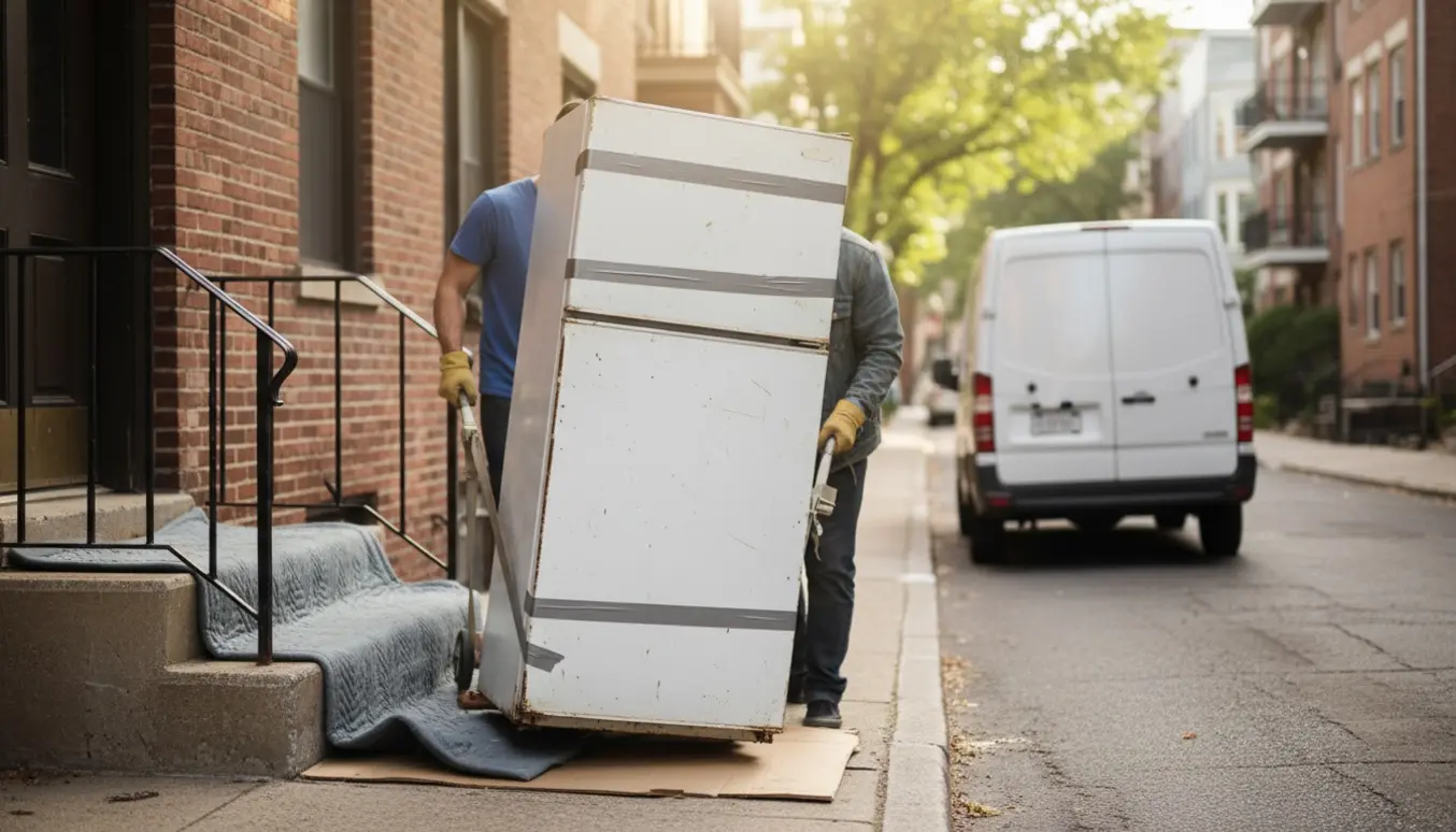 Et gammelt kølefryseskab bæres forsigtigt ned ad trappen fra en stuelejlighed mod en varevogn.