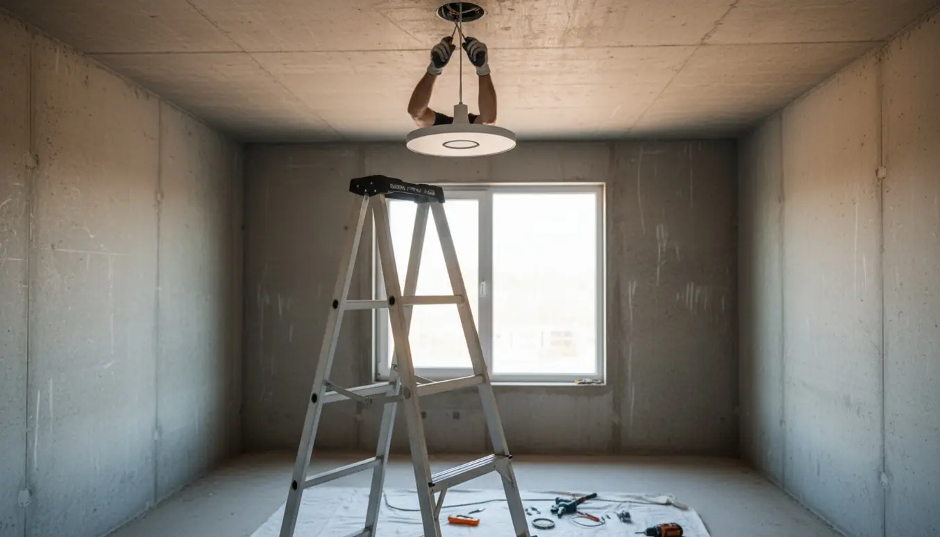 Installering af loftslampe i nybygget betonrum med stige og værktøj.