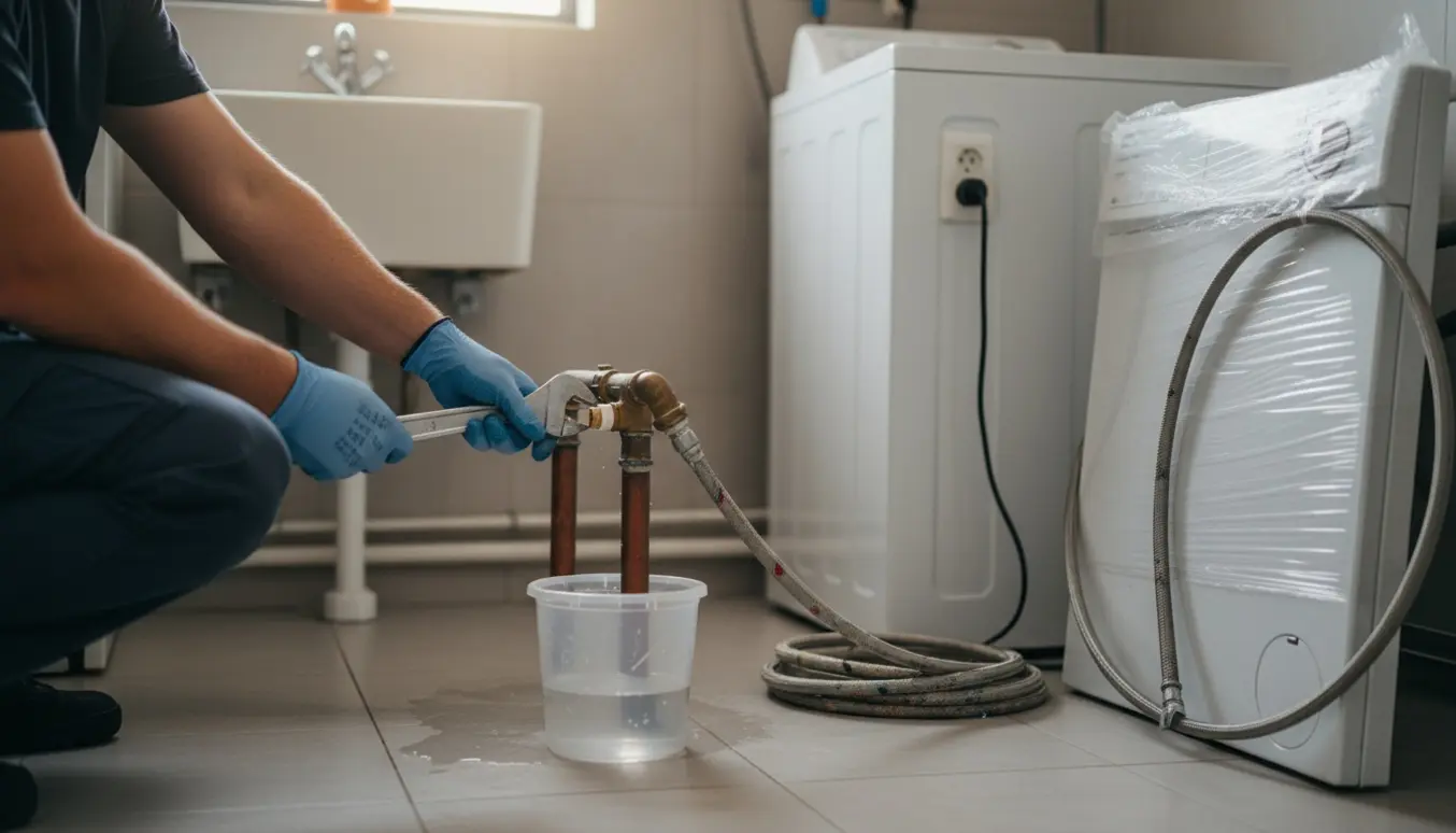 Nærbillede af arbejdshandsker, der udskifter hovedvandhanen ved en vaskemaskine i et lyst bryggers.