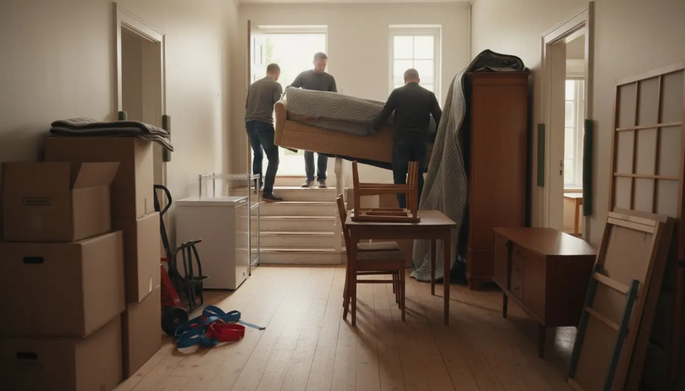 Flyttefolk bærer en delvis adskilt hjørnesofa ned ad en kort trappe omgivet af flyttekasser og møbler dækket af flyttetæpper.