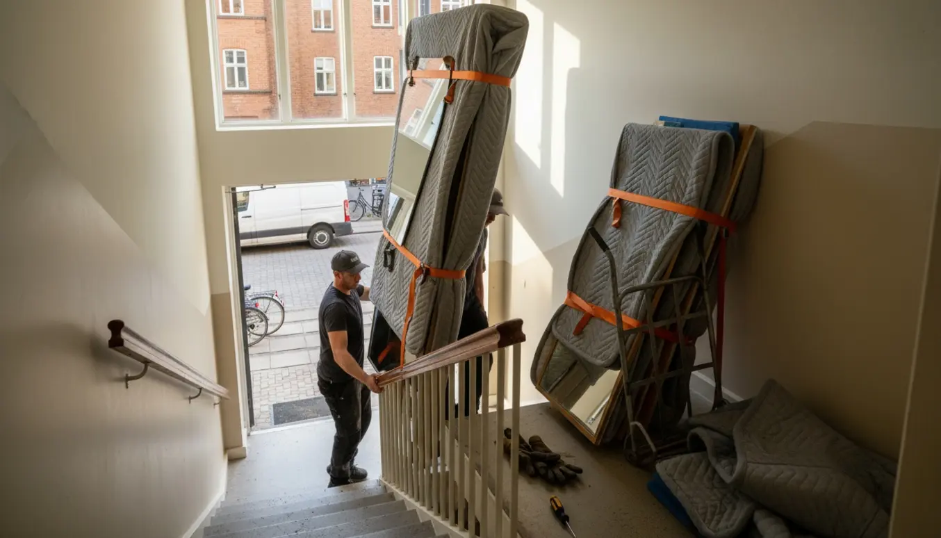 To personer bærer et afmonteret garderobepanel med spejl ned ad en opgangstrappe, pakket i flyttetæpper mod en ventende flyttebil uden logo.