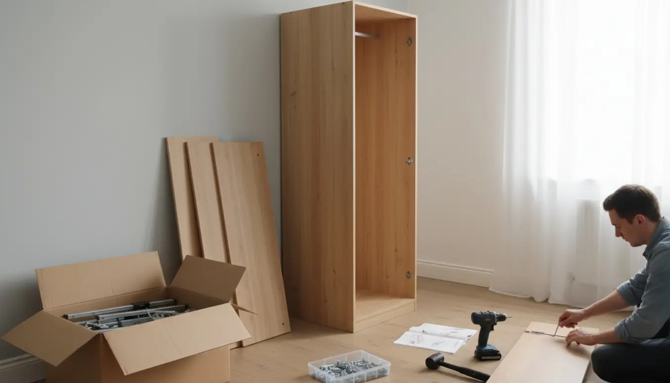 Delvist samlet, høj og slank garderobe i et lyst værelse med værktøj og plader klar til montering.