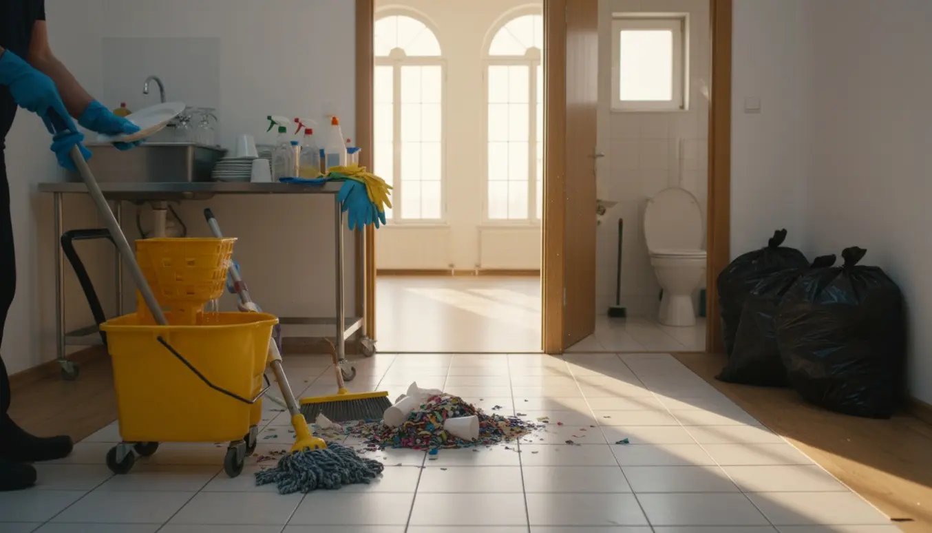 Rengøringsudstyr og handsker i et festlokale efter en fest med gulvvask, opvask og affaldssække.