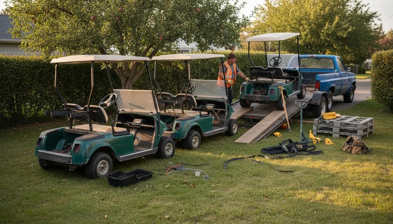 Tre gamle el-golfvogne under et æbletræ ved en hæk, ved at blive lastet på en ladbil til skrot.