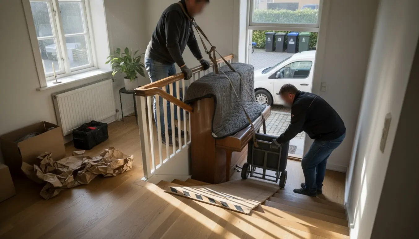 Flytning af et lille klaver ned en halv etage fra en lejlighed i Valby med flytteudstyr og varevogn i baggrunden.