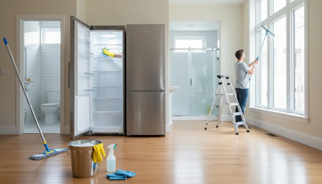 Tom, lys bolig under flytterengøring med åben køleskab, stige ved højt vindue og rengøringsudstyr.