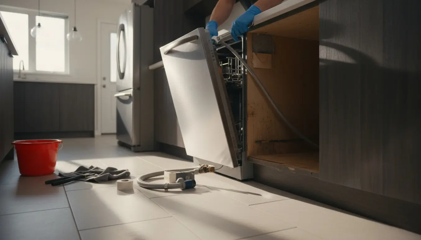 Handskerede hænder tilslutter opvaskemaskinens vand- og afløbsslanger i et køkken efter vandskade.